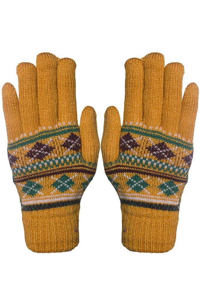 Hana - Assorted Geometric Pattern Fur Lining Knitted Gloves