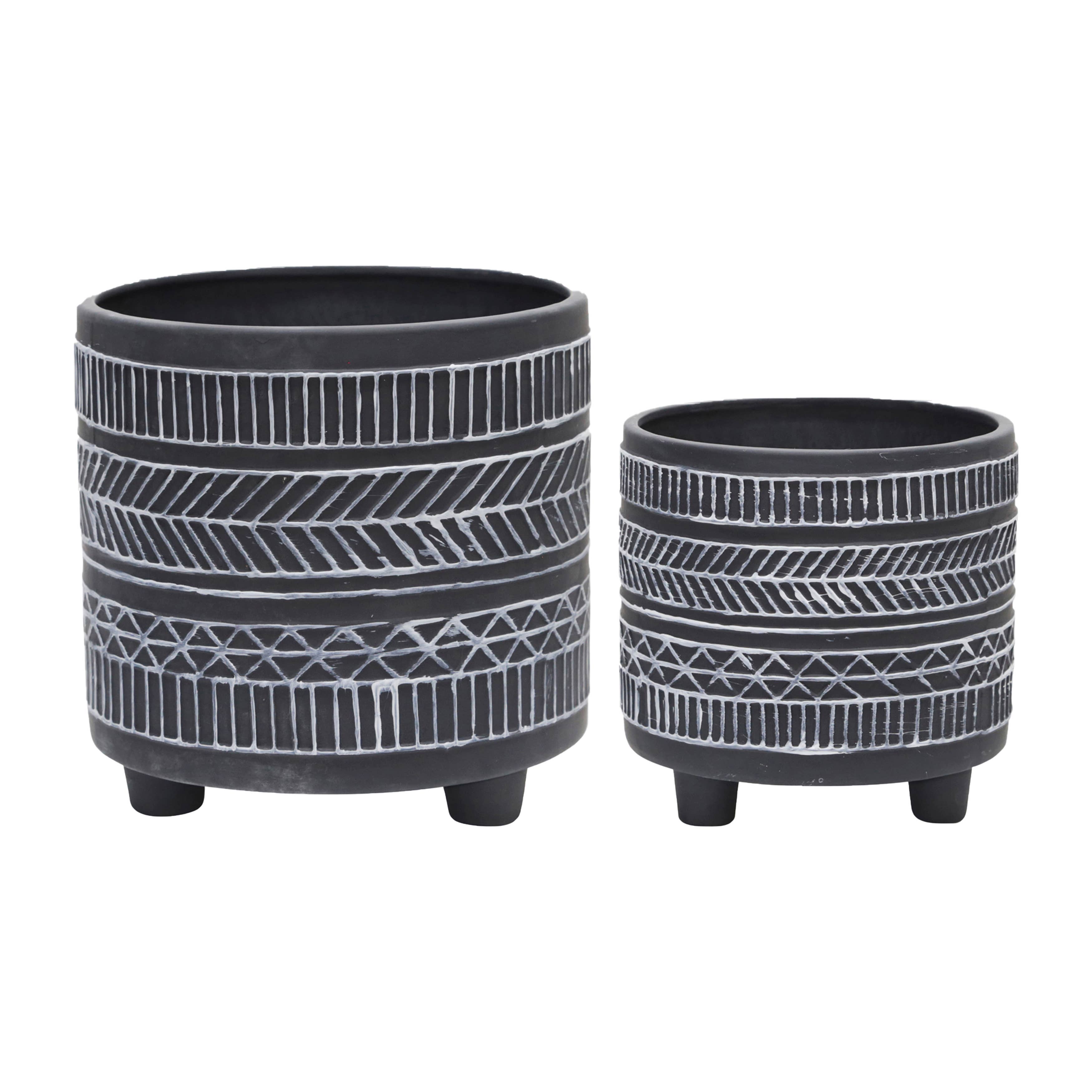 Sagebrook Home - Black Ceramic Tribal Footed Planter Pots