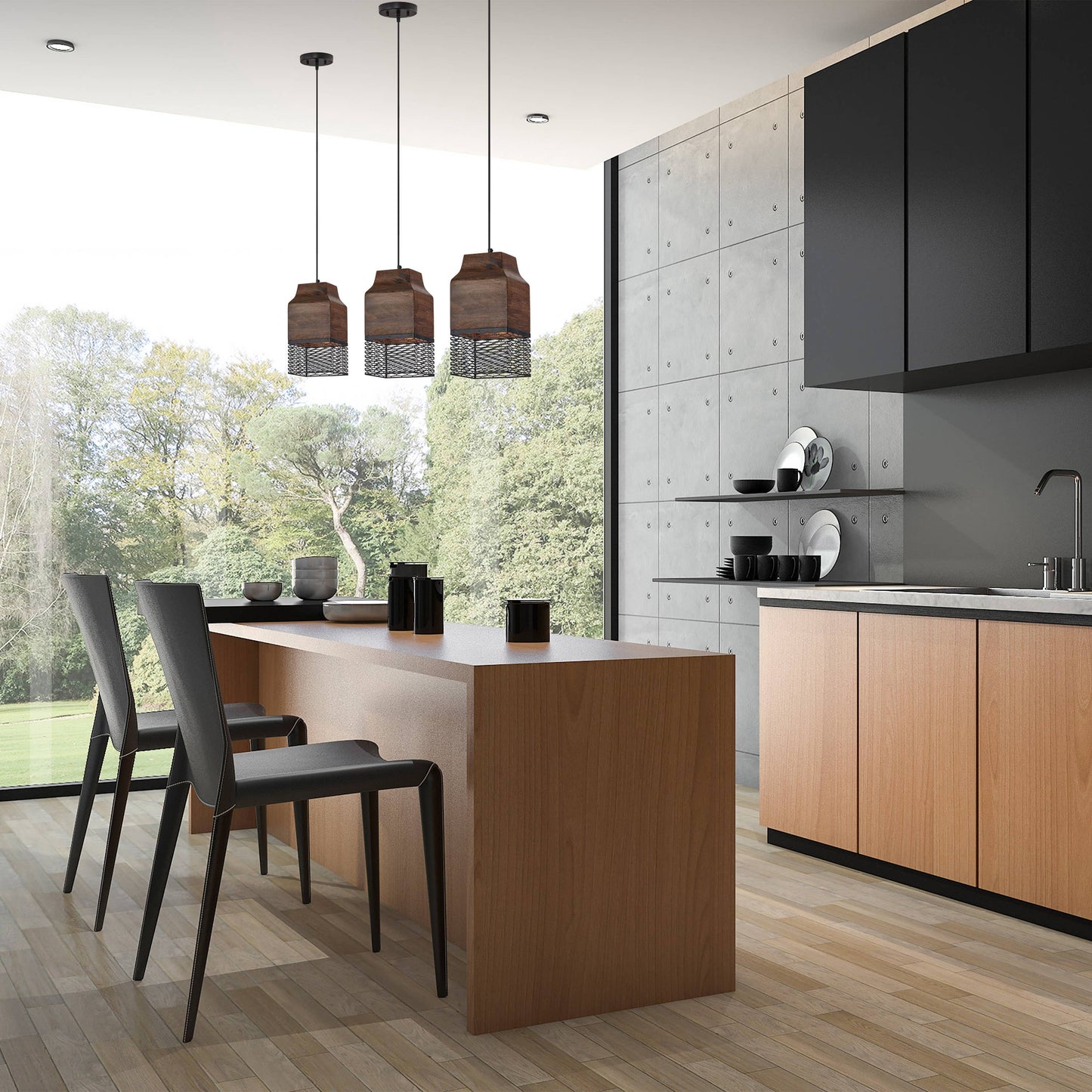 Black Metal Cage and Brown Wood Pendant Light