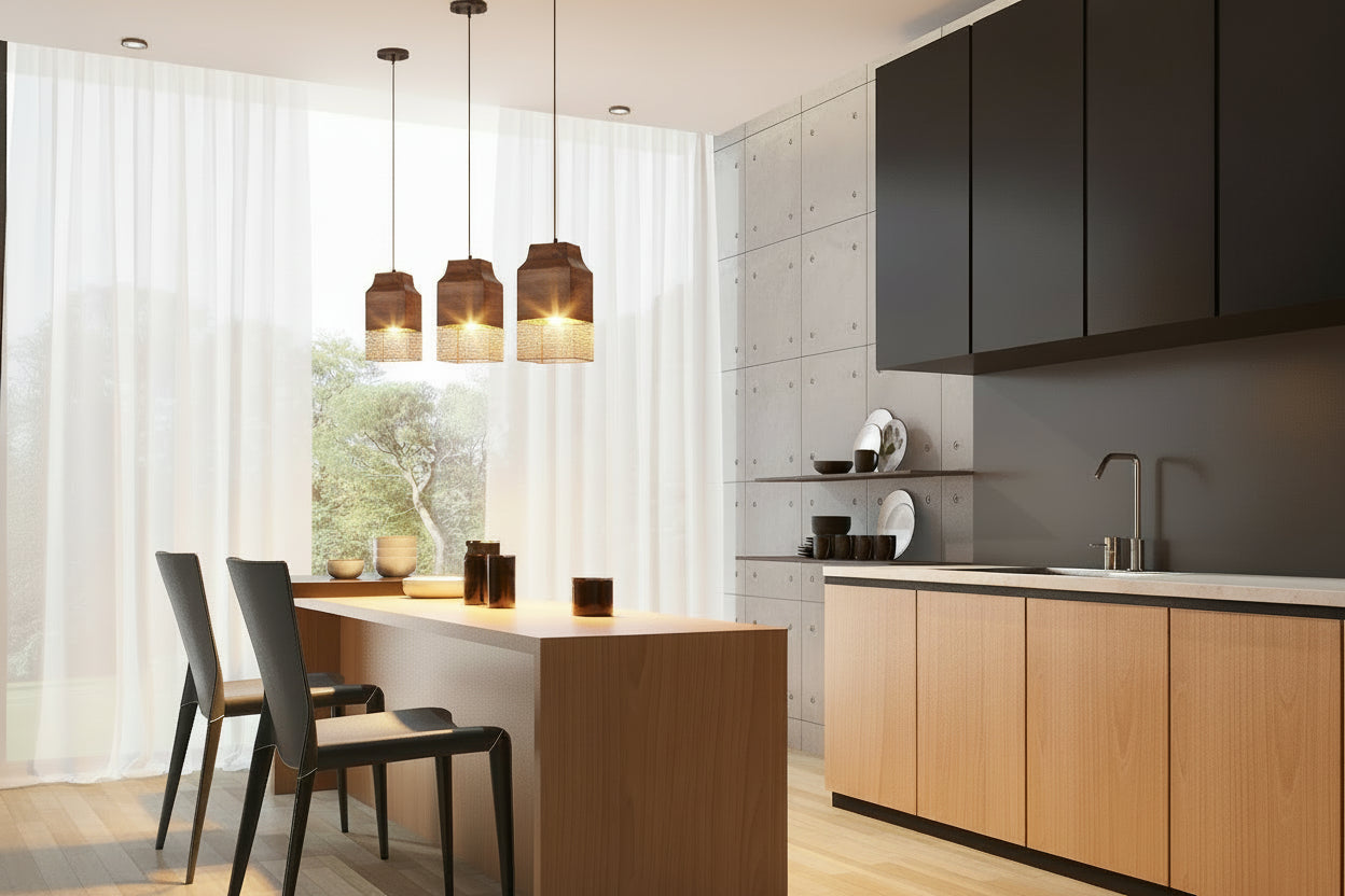 Black Metal Cage and Brown Wood Pendant Light