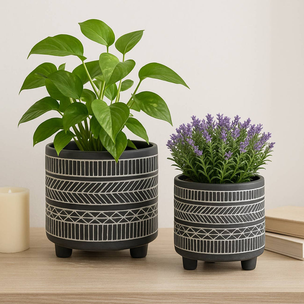 Sagebrook Home - Black Ceramic Tribal Footed Planter Pots