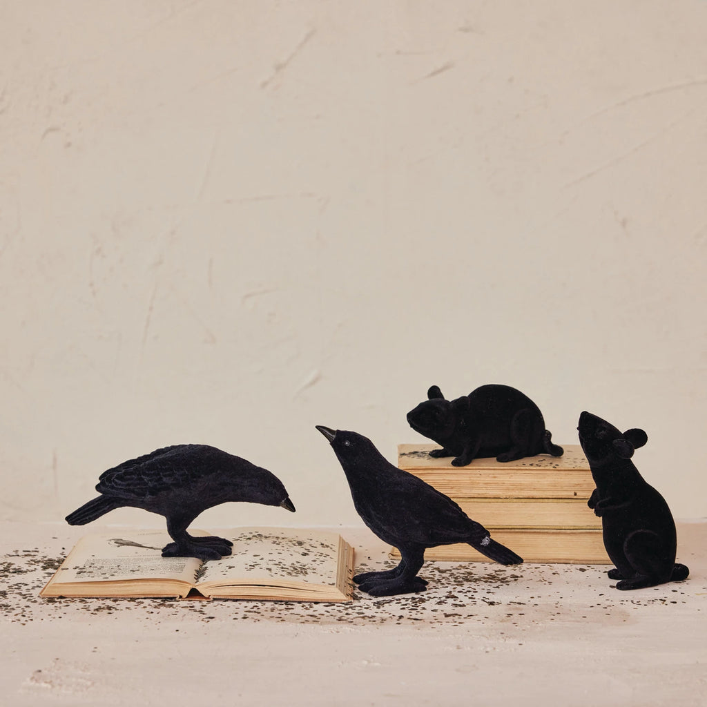Creative Co-Op - Flocked Resin Crow  - Black