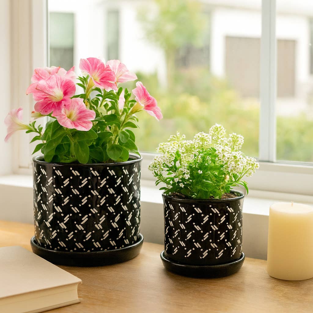 Sagebrook Home - Black Round Dots Planter With Saucer