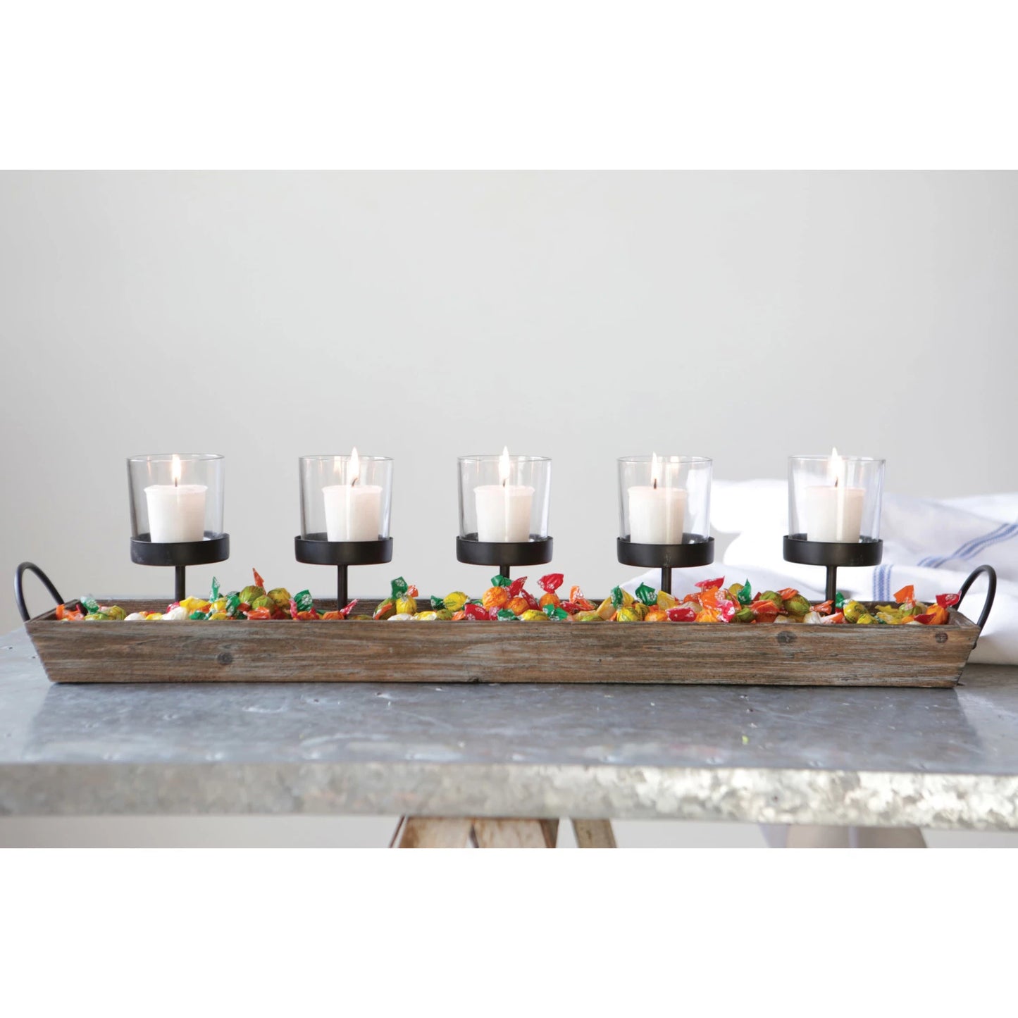 Wood and Metal Votive Holder with Glass Votives