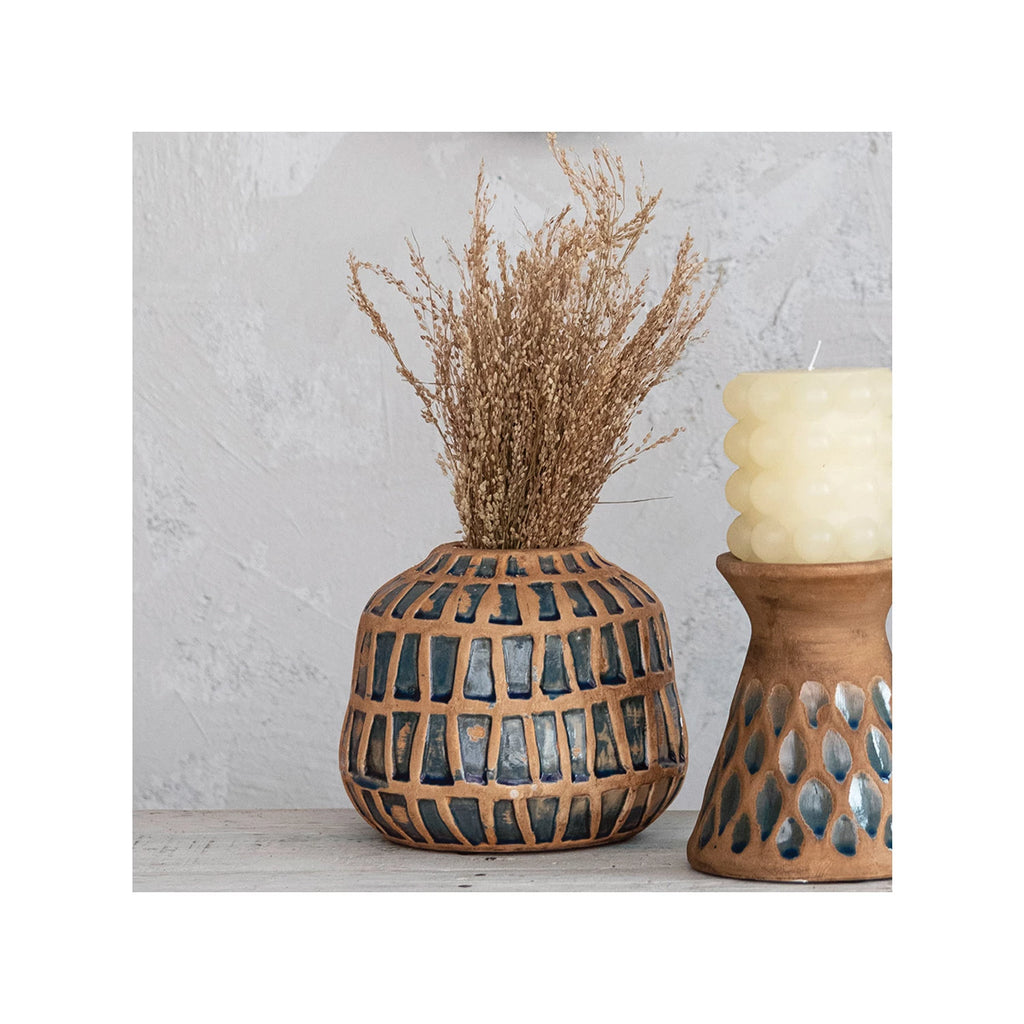 Creative Co-Op - Debossed Terra-Cotta & Blue Vase