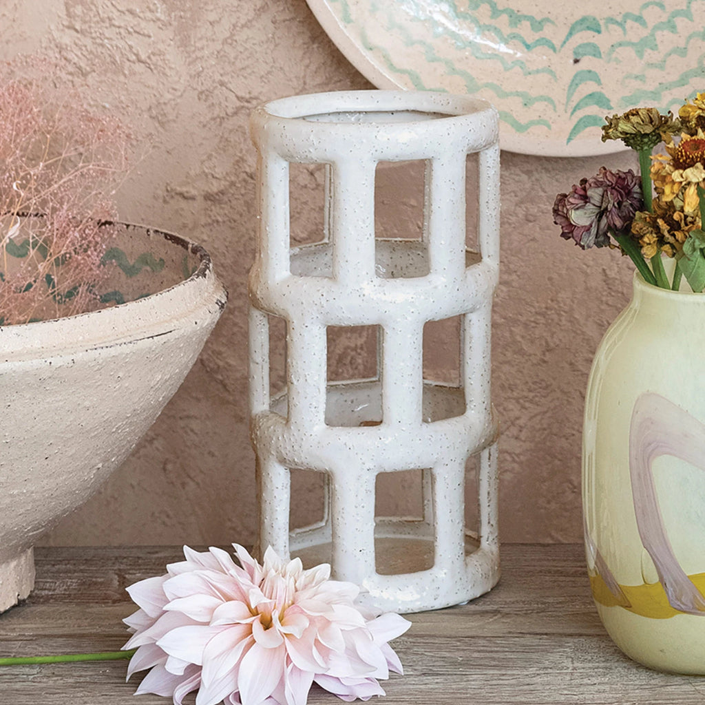 Creative Co-Op - Stoneware Open Work Vase/ Lantern, White