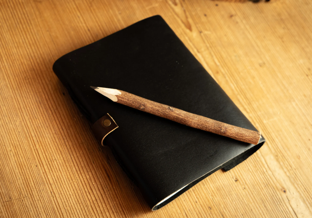 Black Leather 100-Page Paper Journal with Wooden Pen