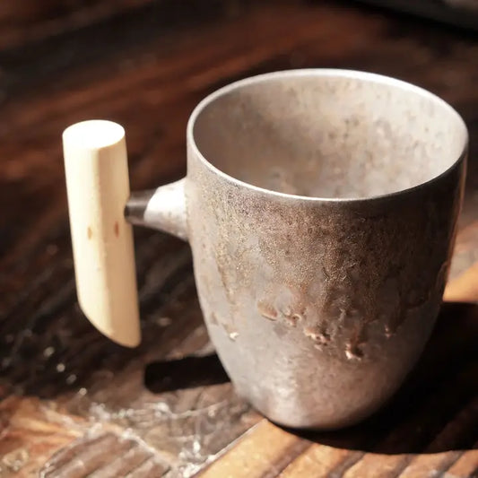 Metallic Bronze Glaze Mug w/ Wood Handle