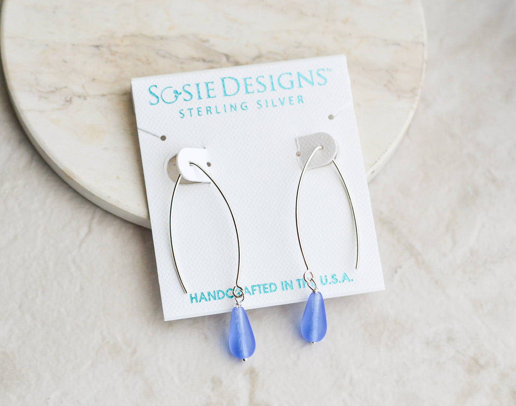 Sosie Designs - Eco Sea Glass Marquis Droplet 925 Silver Earrings - Sapphire Blue