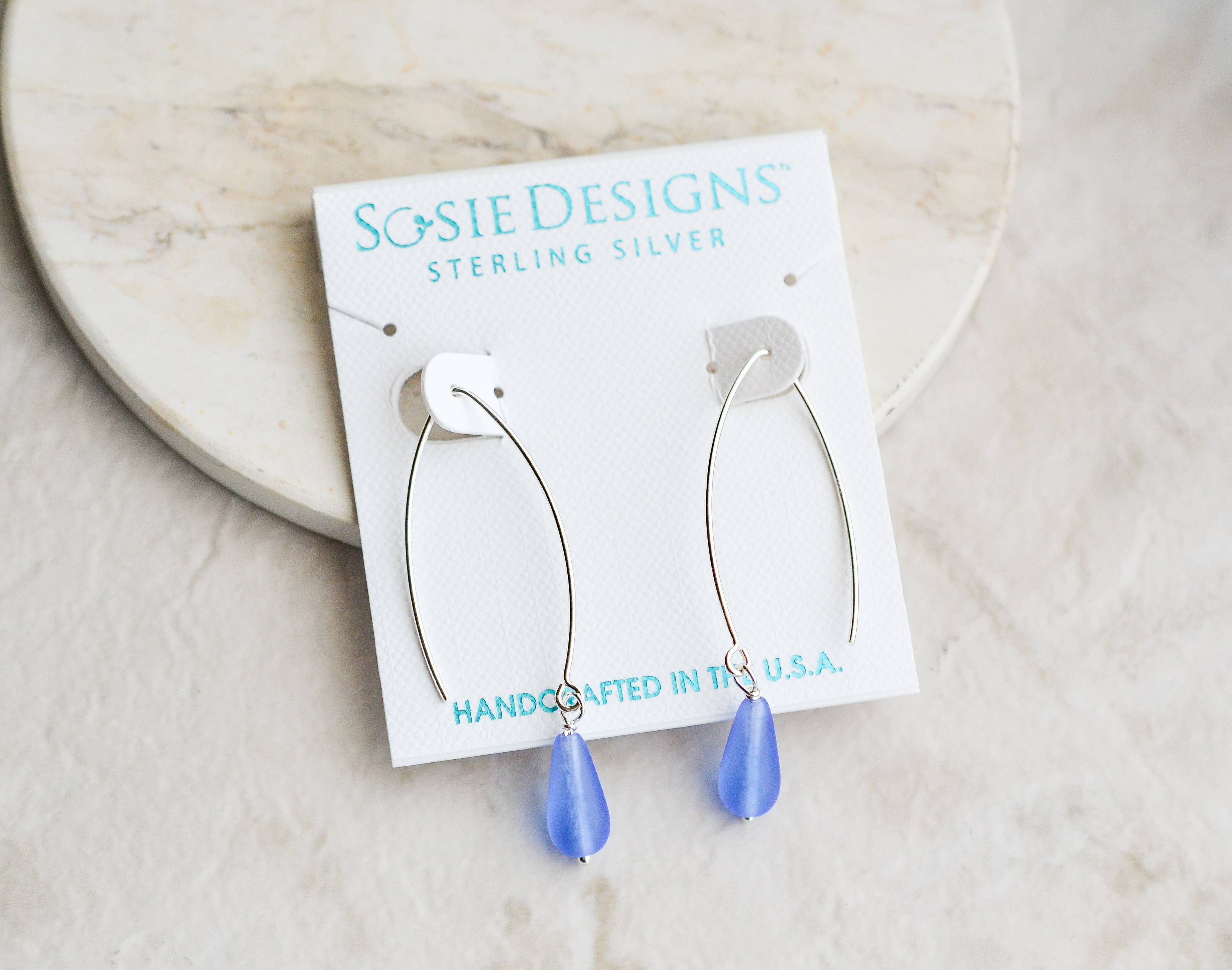 Sosie Designs - Eco Sea Glass Marquis Droplet 925 Silver Earrings - Sapphire Blue