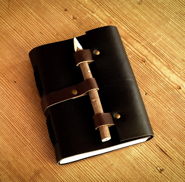 Black Leather 100-Page Paper Journal with Wooden Pen