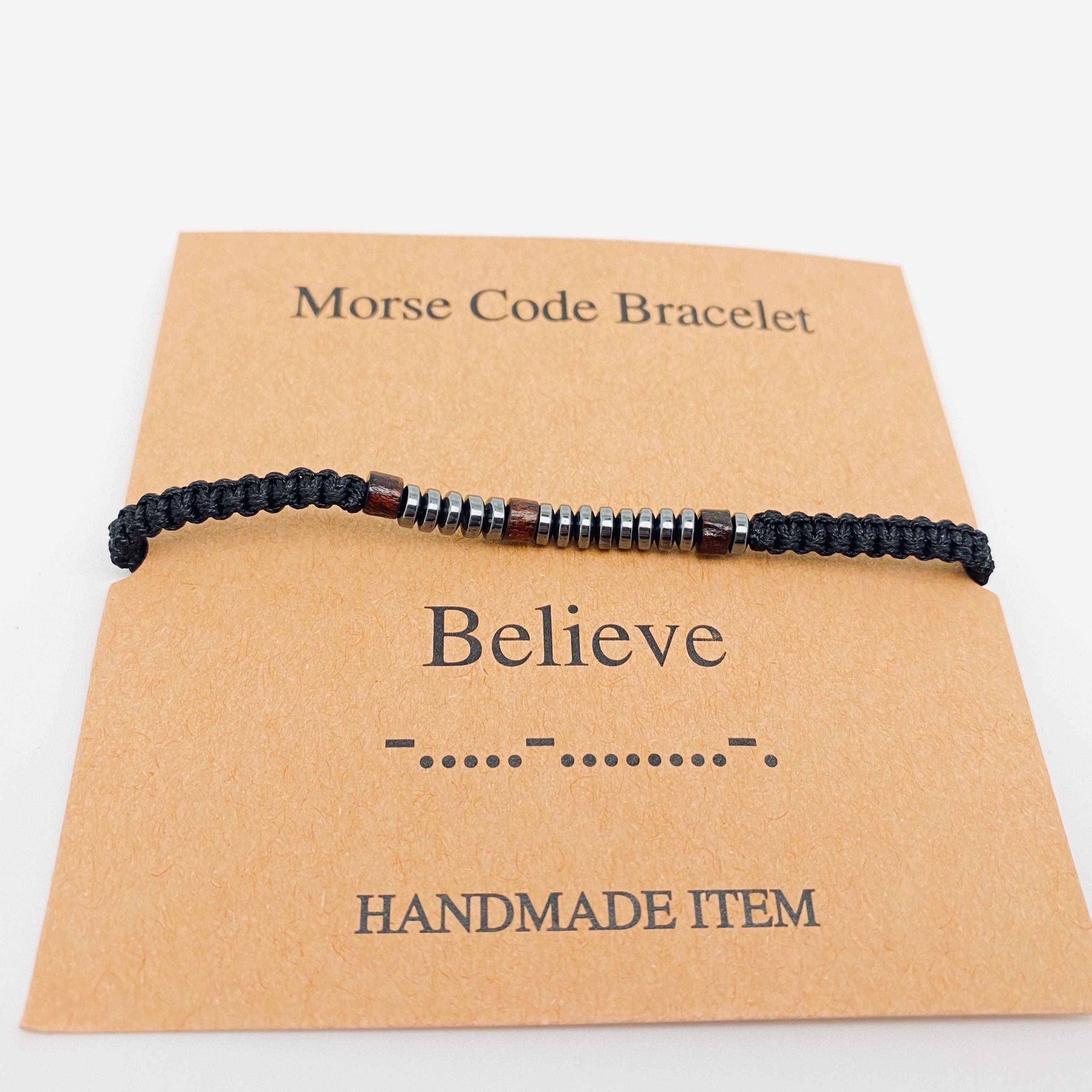 Multi-style Hand-woven Wood Bead Morse Code Bracelet