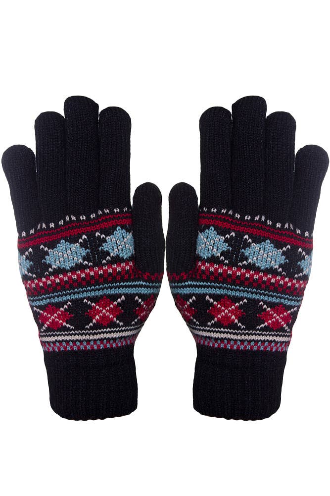 Hana - Assorted Geometric Pattern Fur Lining Knitted Gloves