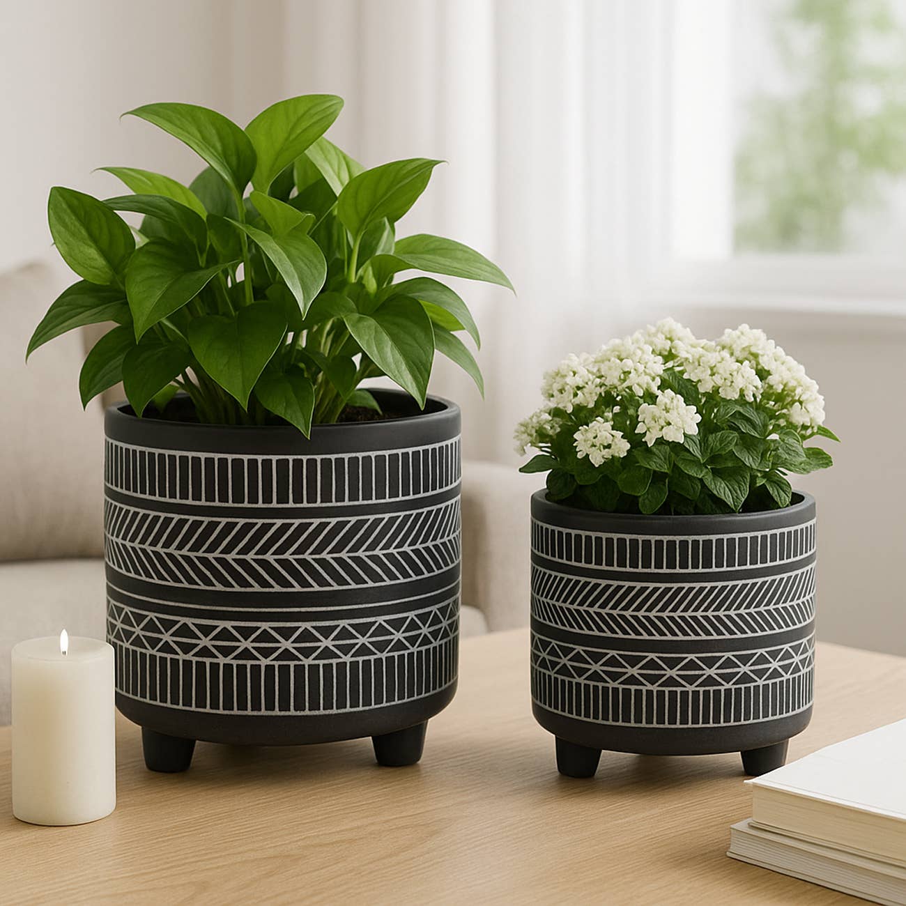 Sagebrook Home - Black Ceramic Tribal Footed Planter Pots