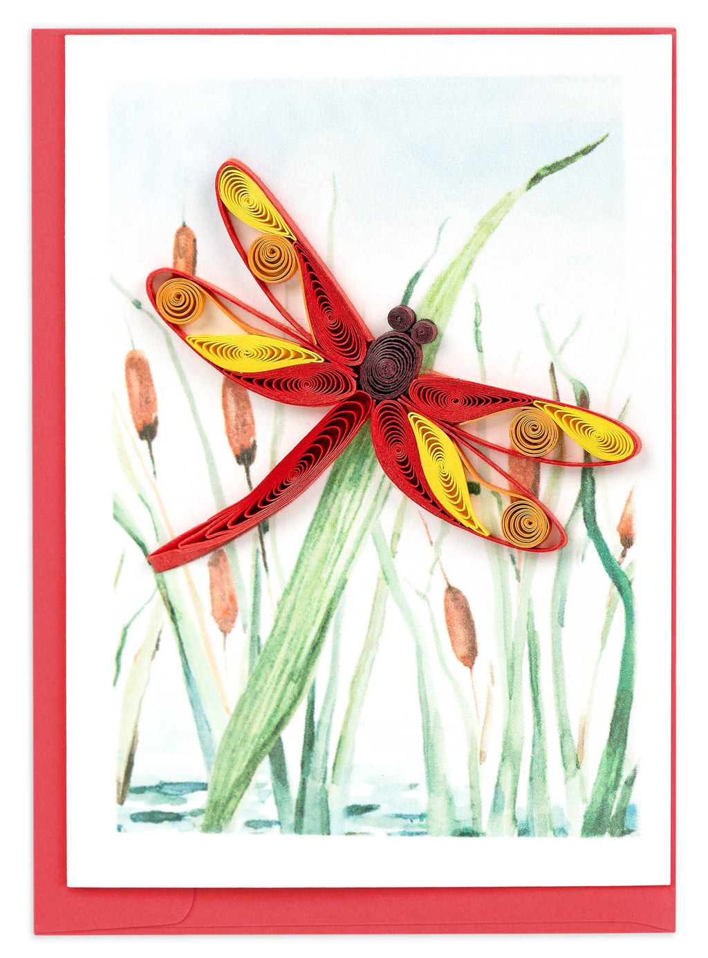 Quilling Greeting Card - Red Dragonfly & Cattails Gift Enclosure Mini Card