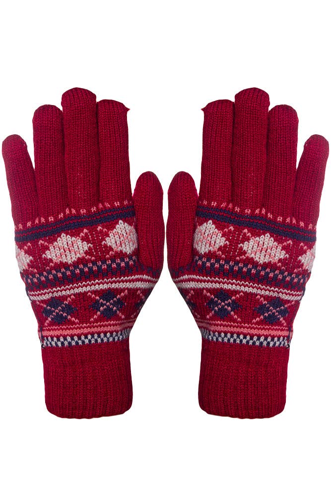 Hana - Assorted Geometric Pattern Fur Lining Knitted Gloves