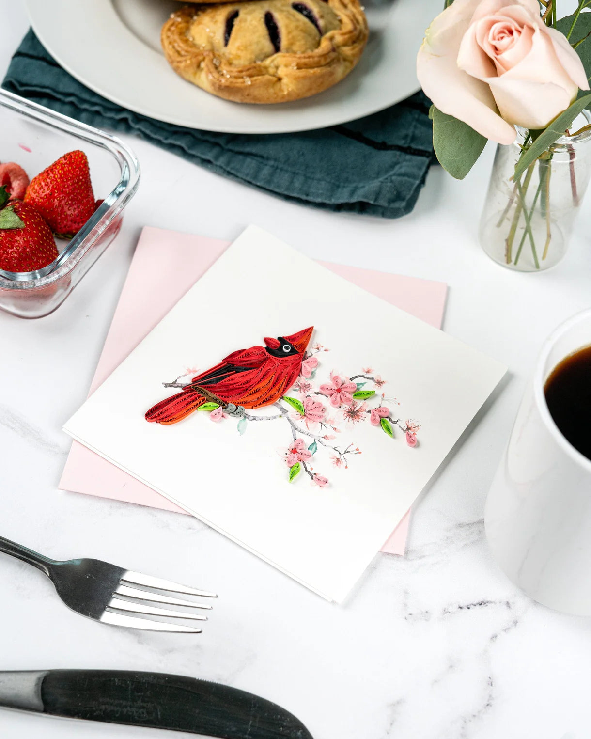 Quilling Greeting Card - Cardinal & Cherry