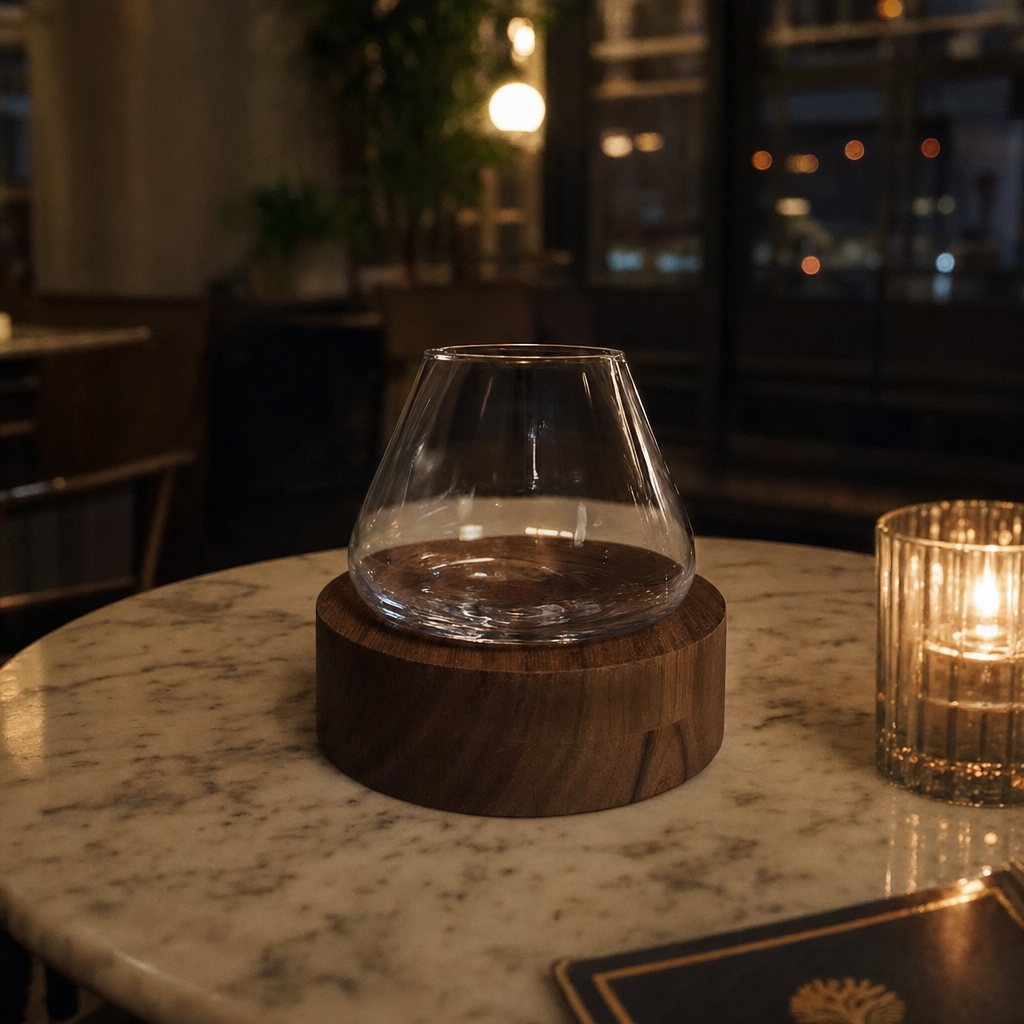 TsukiGlass - Kami Rotating Crystal Wine Glass & Wooden Coaster