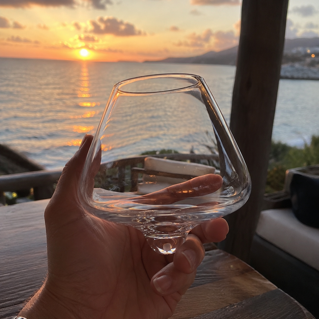 TsukiGlass - Kami Rotating Crystal Wine Glass & Wooden Coaster