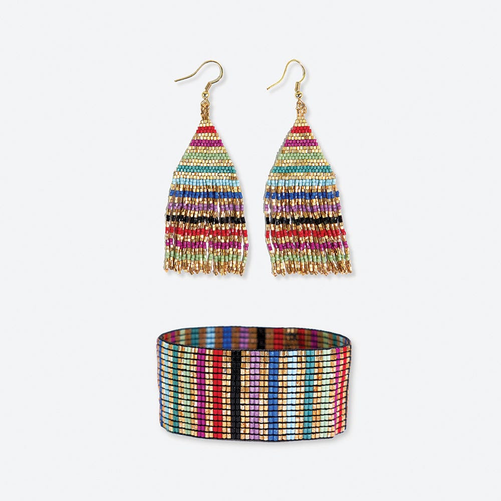 Lexie Horizontal Gold Lines Beaded Fringe Earrings Multicolor