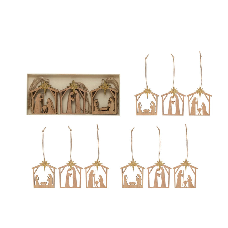 Nativity Ornaments laser cut w/Gold Glitter Set of 9