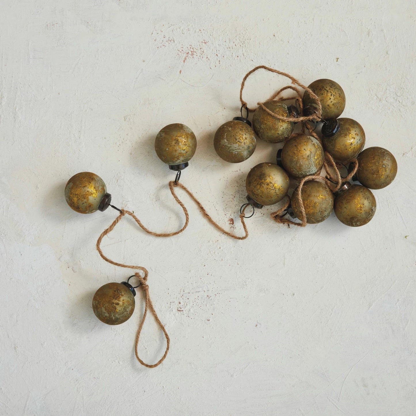 Recycled Glass Ball Ornament Garland, Distressed Matte Olive Green & Gold Finish