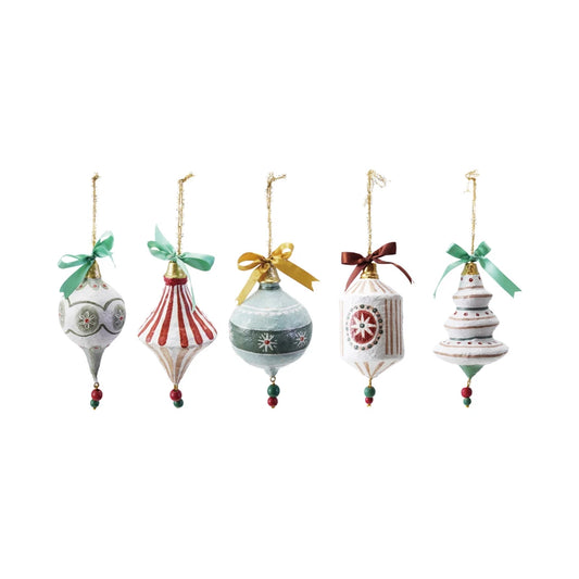 Ornament - Hand-painted Paper Mache Ornament w/ Bow & Design (5 styles)