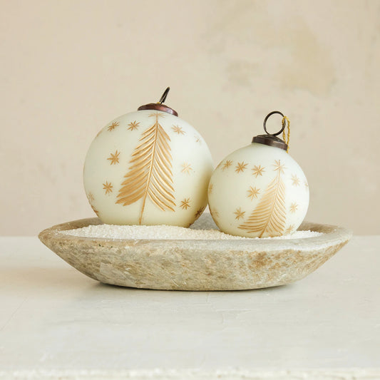 Ornament - Hand-painted Glass Ball with Etched Trees and Stars (2 Colors)