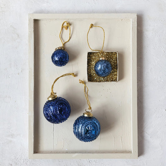 Ornament - Blue Embossed Mercury Glass Ball