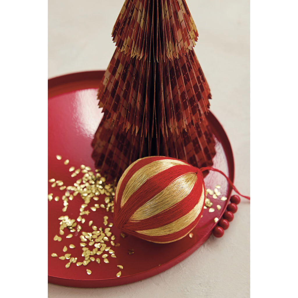 Ornament -  3" Handmade Recycled Paper Mache & Cotton String Wrapped Striped Ball Ornament, Red