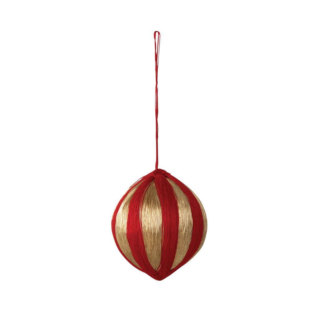 Ornament -  3" Handmade Recycled Paper Mache & Cotton String Wrapped Striped Ball Ornament, Red