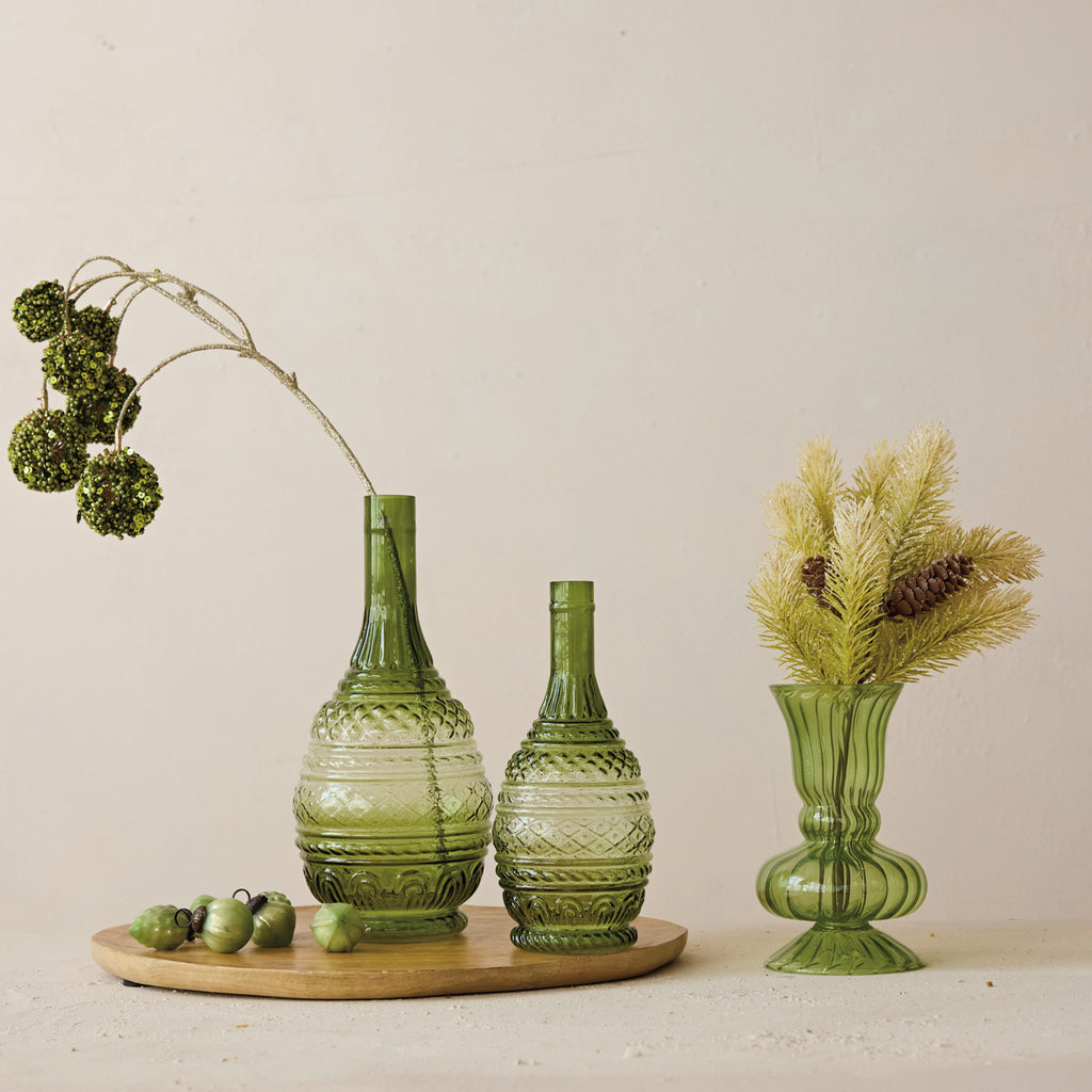 Creative Co-Op - Hand-Blown Embossed Glass Vase (Green)