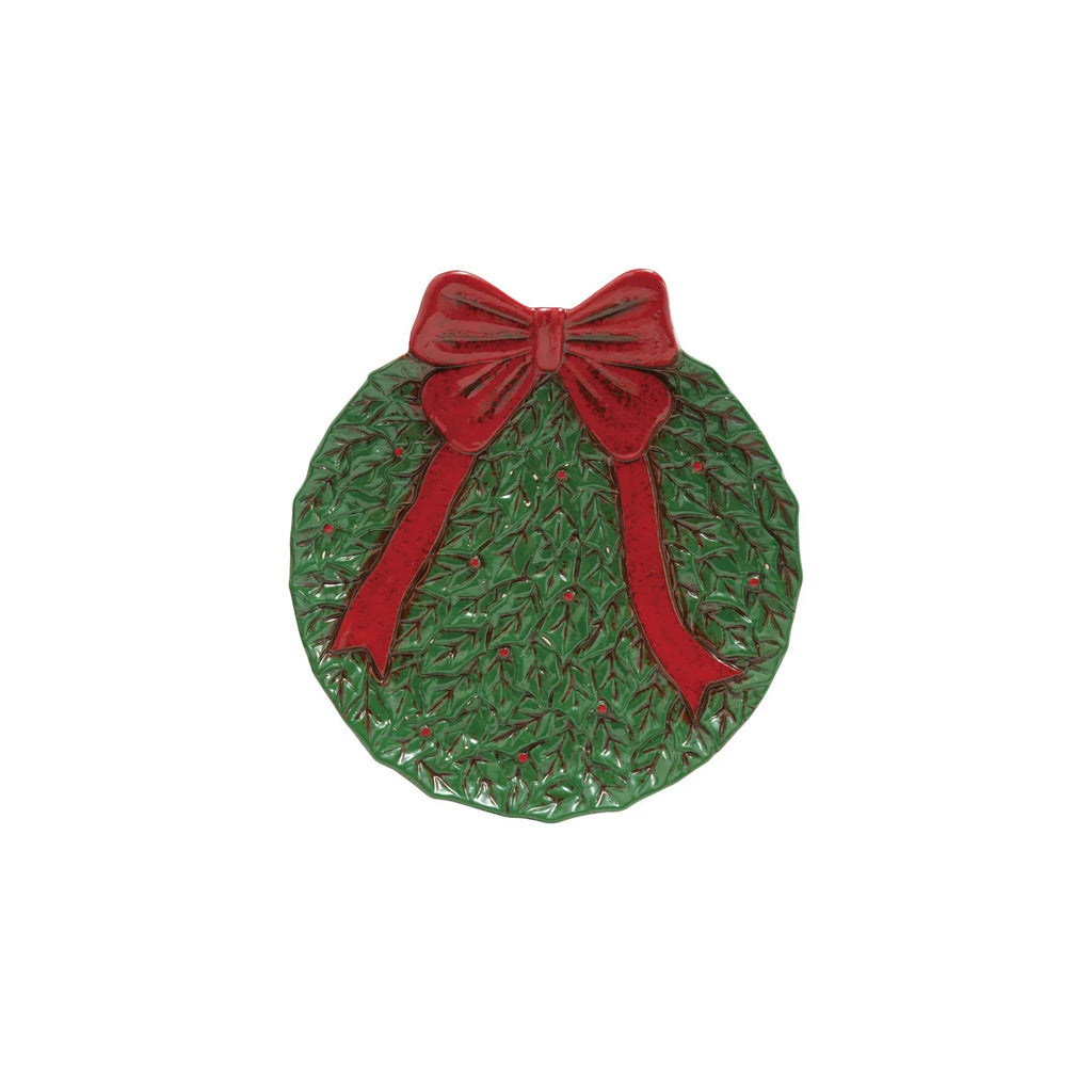 Creative Co-Op - Hand-Painted Ceramic Wreath Shaped Plate with Bow, Red & Green