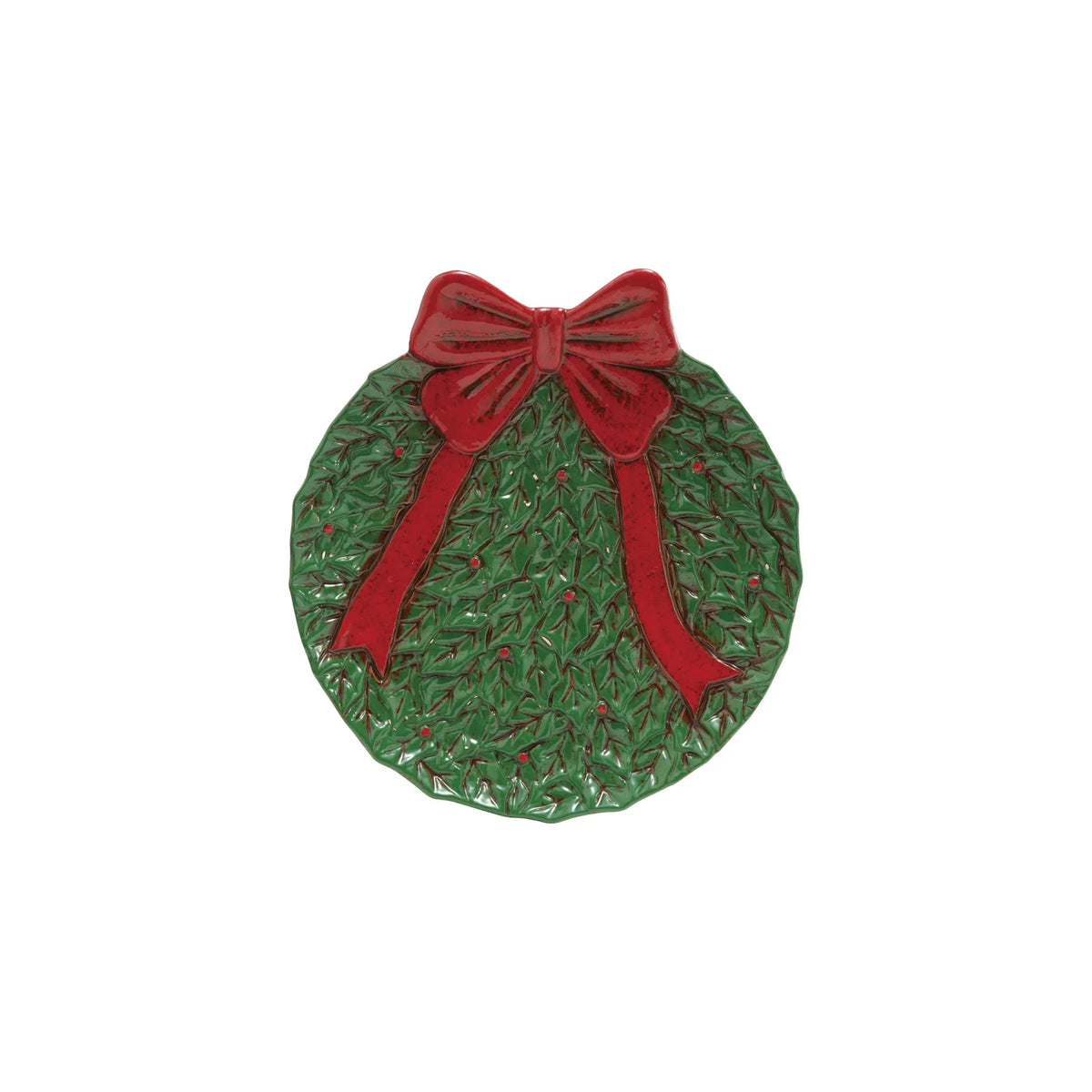 Creative Co-Op - Hand-Painted Ceramic Wreath Shaped Plate with Bow, Red & Green
