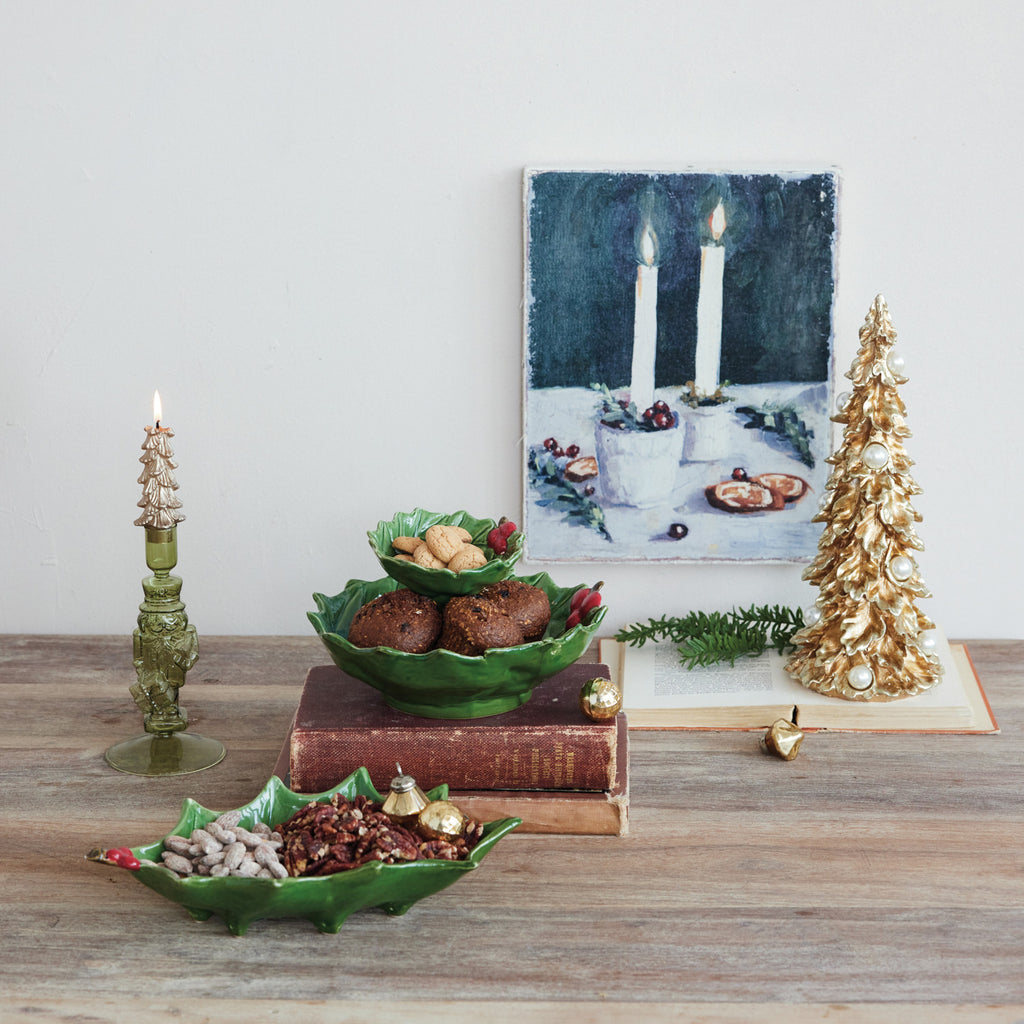 Hand - Painted Holly Leaf Tray w/Berries (Green)